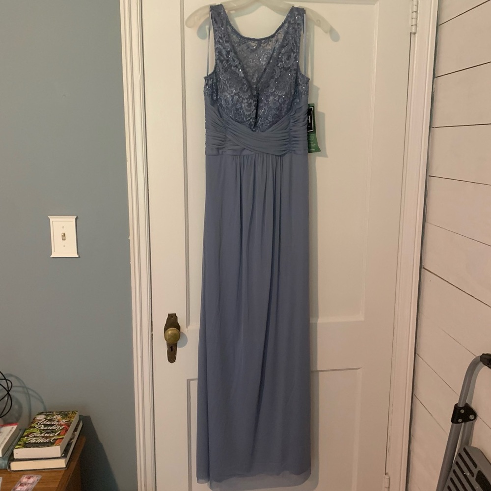 Dusty blue formal dress w/ glitter & lace detail
